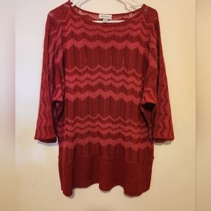 Avenue Red And Pink Chevron Knit Overlay Sweater